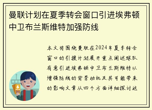 曼联计划在夏季转会窗口引进埃弗顿中卫布兰斯维特加强防线